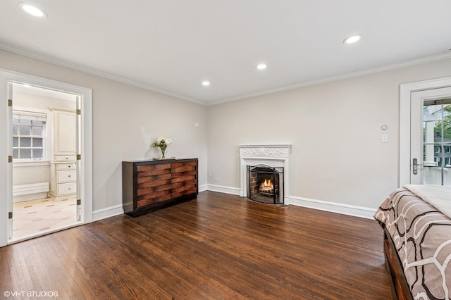 350 Elder Ln, Winnetka, IL 60093 - living area featuring wood finished floors, recessed lighting, baseboards, a fireplace with flush hearth, and crown molding