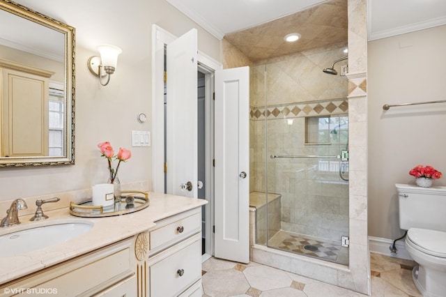 350 Elder Ln, Winnetka, IL 60093 - full bath with toilet, vanity, ornamental molding, a shower stall, and tile patterned flooring