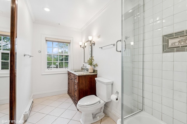 350 Elder Ln, Winnetka, IL 60093 - full bath featuring a baseboard radiator, vanity, a tile shower, toilet, and crown molding
