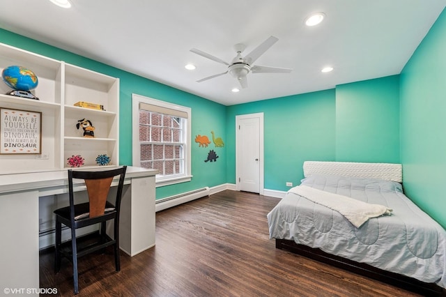 350 Elder Ln, Winnetka, IL 60093 - bedroom with baseboard heating, a desk, dark wood-style floors, recessed lighting, and baseboards