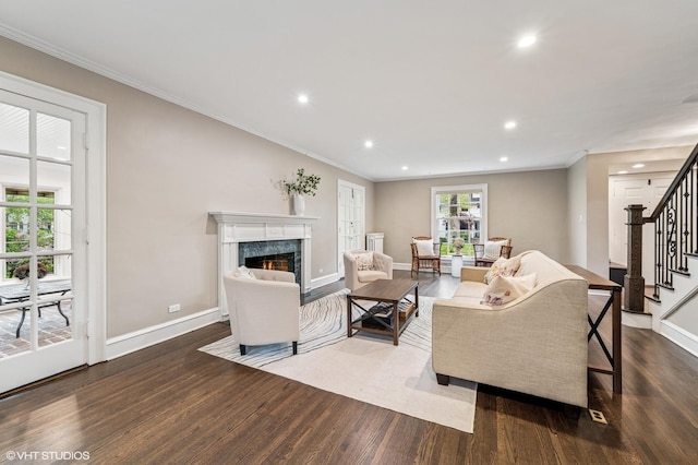 350 Elder Ln, Winnetka, IL 60093 - living area featuring dark wood-style flooring, stairway, recessed lighting, a high end fireplace, and baseboards