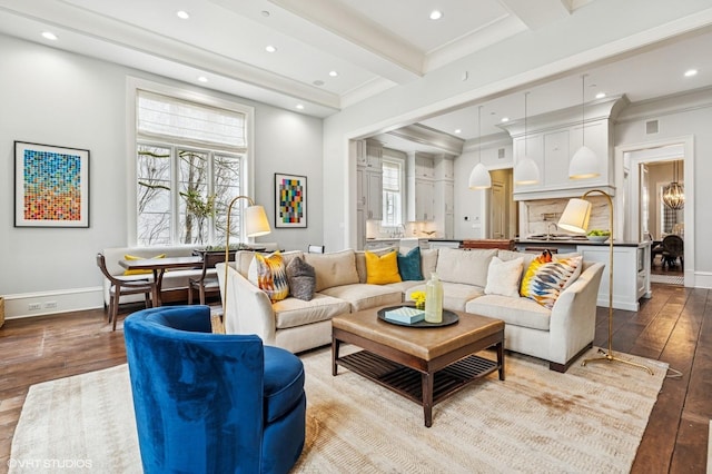 542 W Dickens St, Chicago, IL 60614 - living room with wood-type flooring, beam ceiling, recessed lighting, and baseboards