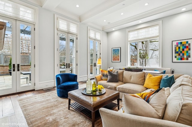 542 W Dickens St, Chicago, IL 60614 - living room featuring french doors, beam ceiling, recessed lighting, light wood-style flooring, and a high ceiling