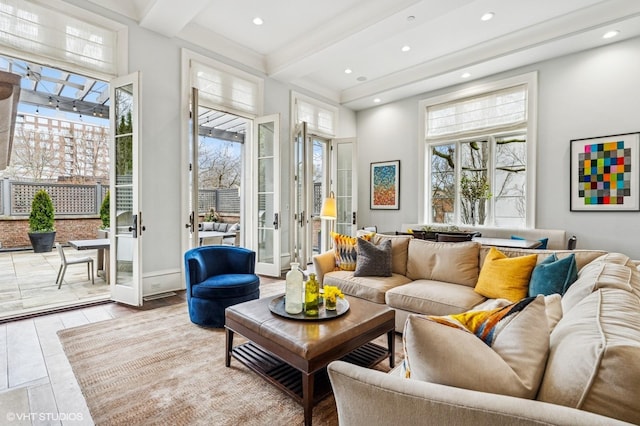 542 W Dickens St, Chicago, IL 60614 - living area featuring beam ceiling, plenty of natural light, recessed lighting, and a towering ceiling