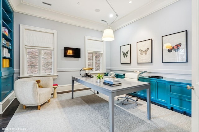 542 W Dickens St, Chicago, IL 60614 - home office featuring crown molding, recessed lighting, a wainscoted wall, a decorative wall, and wood finished floors