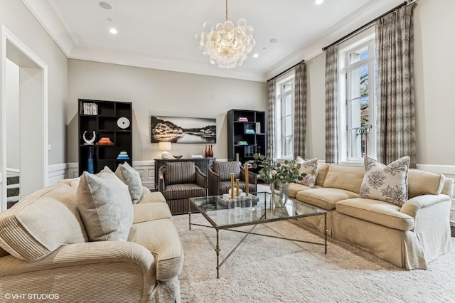 542 W Dickens St, Chicago, IL 60614 - living area featuring ornamental molding, a chandelier, and recessed lighting
