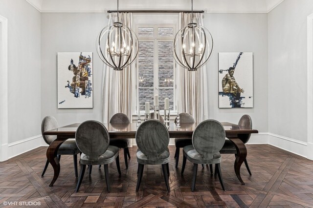 542 W Dickens St, Chicago, IL 60614 - dining room featuring a chandelier, baseboards, and crown molding