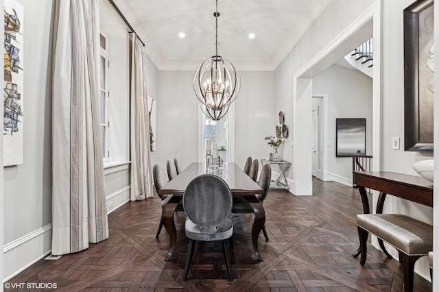 542 W Dickens St, Chicago, IL 60614 - dining area featuring a chandelier, baseboards, ornamental molding, and recessed lighting