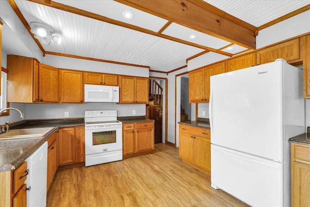 404 S Neal St, Camargo, IL 61919 - kitchen featuring white appliances, a sink, dark countertops, brown cabinetry, and crown molding
