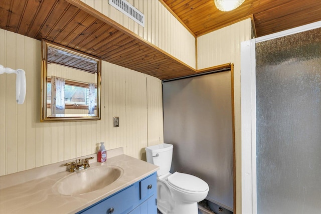 404 S Neal St, Camargo, IL 61919 - bathroom with wood ceiling, toilet, vanity, wood walls, and a shower