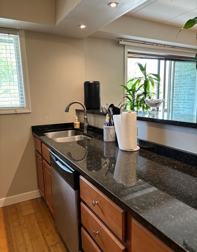 13515 Leclaire Ave Unit 55, Crestwood, IL 60418 - kitchen with stainless steel dishwasher, a sink, brown cabinetry, healthy amount of natural light, and recessed lighting