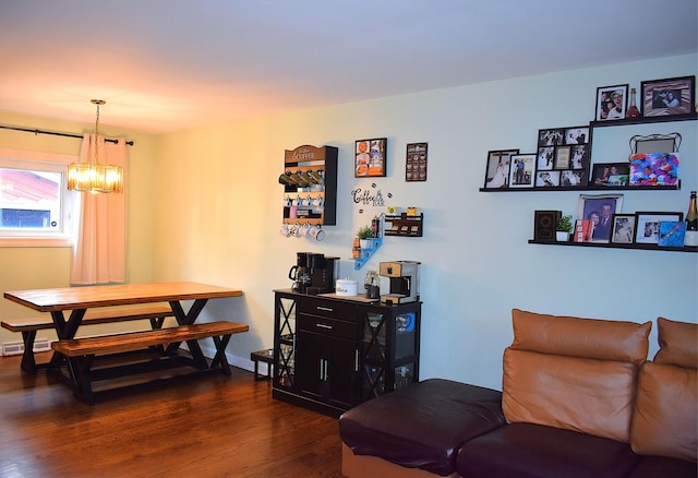 17 E Central Ave, Lombard, IL 60148 - living area featuring dark wood-style flooring, a chandelier, a baseboard radiator, and baseboards