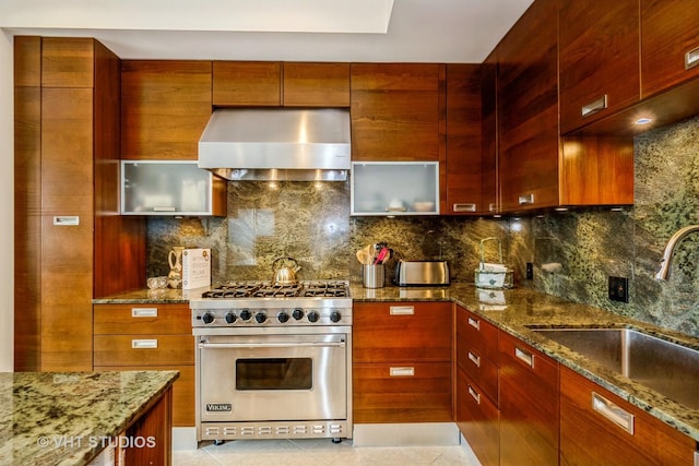 800 N Michigan Ave Unit 3203, Chicago, IL 60611 - kitchen with luxury stove, ventilation hood, a sink, and decorative backsplash