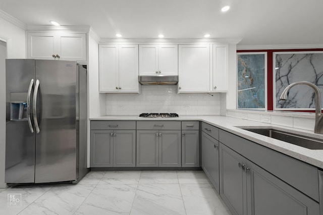 11210 Sycamore Ln Unit 61D, Palos Hills, IL 60465 - kitchen featuring appliances with stainless steel finishes, gray cabinets, a sink, light marble finish flooring, and recessed lighting