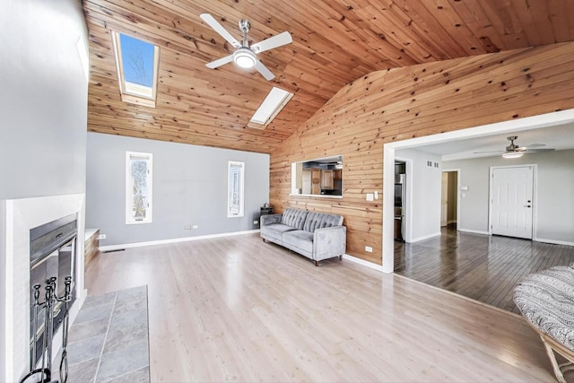 6S009 Steeple Run Dr, Naperville, IL 60540 - living area featuring ceiling fan, a skylight, high vaulted ceiling, wood ceiling, and wooden walls