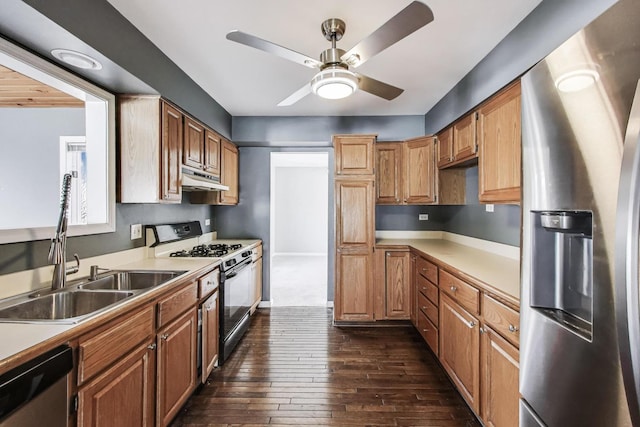 6S009 Steeple Run Dr, Naperville, IL 60540 - kitchen with stainless steel appliances, a sink, under cabinet range hood, dark wood-style floors, and ceiling fan