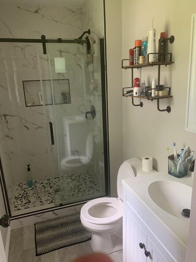 43 Kenfield Cir, Bloomington, IL 61704 - full bathroom with toilet, a marble finish shower, marble finish flooring, and vanity