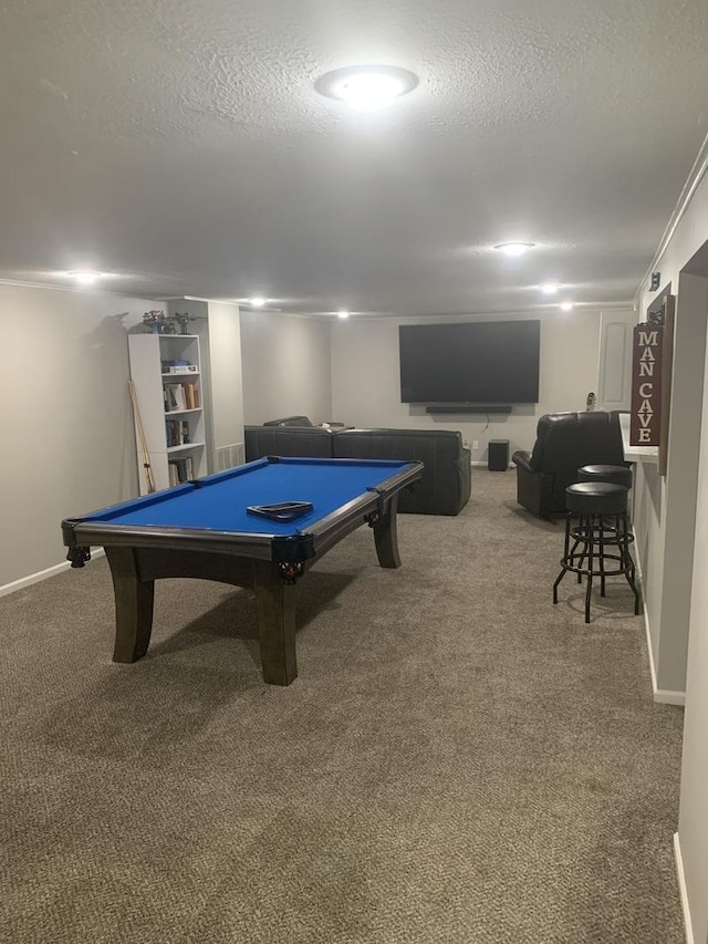 43 Kenfield Cir, Bloomington, IL 61704 - recreation room featuring carpet, a textured ceiling, billiards, and baseboards