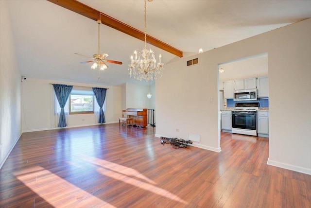 38059 N Holdridge Ave, Beach Park, IL 60087 - living room with dark wood-style floors, a ceiling fan, a chandelier, and baseboards