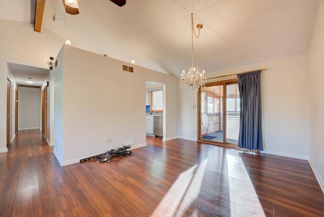 38059 N Holdridge Ave, Beach Park, IL 60087 - unfurnished room featuring lofted ceiling, wood finished floors, a chandelier, baseboards, and ceiling fan