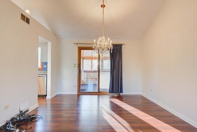 38059 N Holdridge Ave, Beach Park, IL 60087 - spare room featuring a chandelier, dark wood finished floors, baseboards, and vaulted ceiling