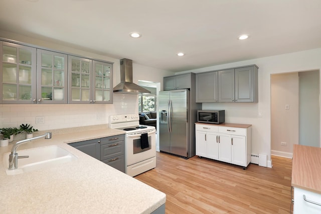 2946 Knollwood Ln, Glenview, IL 60025 - kitchen featuring wall chimney exhaust hood, appliances with stainless steel finishes, a sink, gray cabinetry, and decorative backsplash