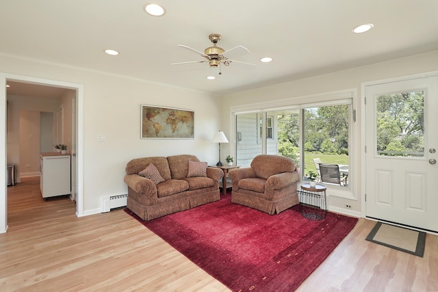 2946 Knollwood Ln, Glenview, IL 60025 - living room featuring a baseboard radiator, light wood-style floors, recessed lighting, ceiling fan, and baseboards