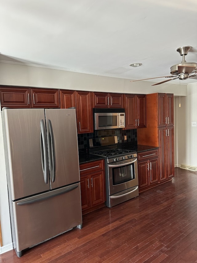 1326 Post Oak Ct Unit 1, Crest Hill, IL 60403 - kitchen with stainless steel appliances, tasteful backsplash, dark wood-style flooring, ceiling fan, and ornamental molding