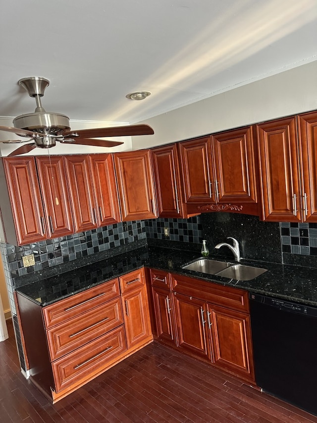 1326 Post Oak Ct Unit 1, Crest Hill, IL 60403 - kitchen with dishwasher, a sink, dark stone countertops, tasteful backsplash, and dark wood finished floors