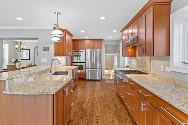 7317 W Greenleaf St, Chicago, IL 60631 - kitchen featuring stainless steel appliances, a sink, dark wood-style flooring, under cabinet range hood, and light stone counters