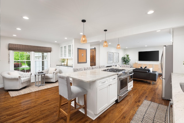 2S151 Stratford Rd, Glen Ellyn, IL 60137 - kitchen featuring open floor plan, appliances with stainless steel finishes, white cabinetry, light stone countertops, and recessed lighting