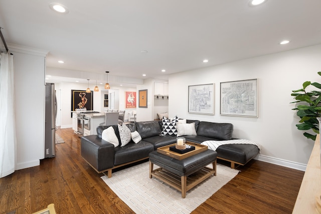 2S151 Stratford Rd, Glen Ellyn, IL 60137 - living room featuring dark wood-style flooring, baseboards, and recessed lighting
