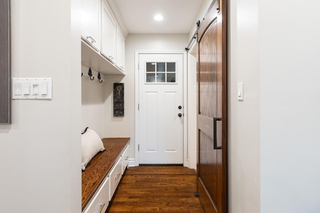 2S151 Stratford Rd, Glen Ellyn, IL 60137 - mudroom featuring dark wood-style flooring, a barn door, and recessed lighting