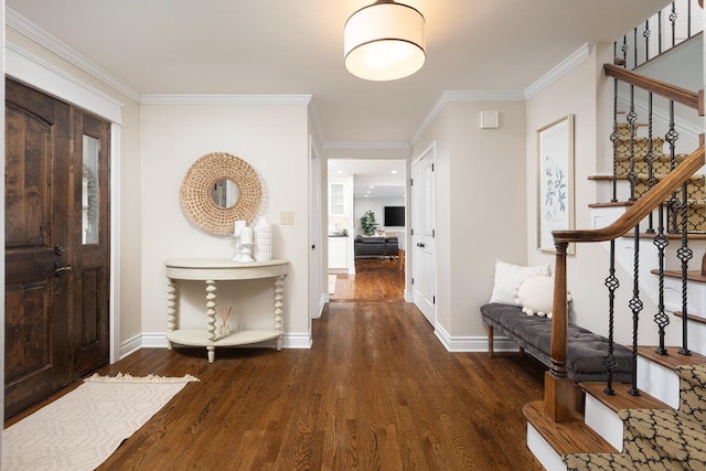 2S151 Stratford Rd, Glen Ellyn, IL 60137 - entryway with wood finished floors, stairway, baseboards, and ornamental molding