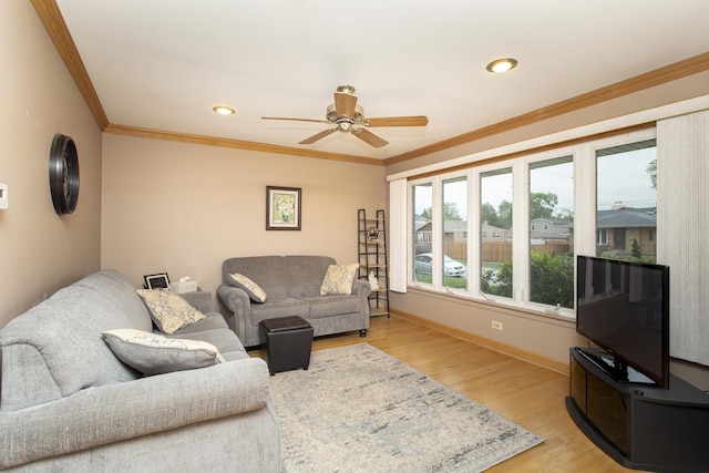 5148 S Newland Ave, Chicago, IL 60638 - living room featuring ceiling fan, baseboards, light wood-style flooring, ornamental molding, and recessed lighting