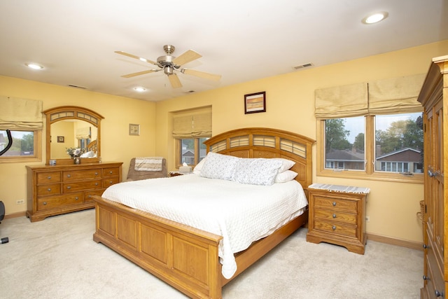 5148 S Newland Ave, Chicago, IL 60638 - bedroom featuring light colored carpet, baseboards, recessed lighting, and a ceiling fan