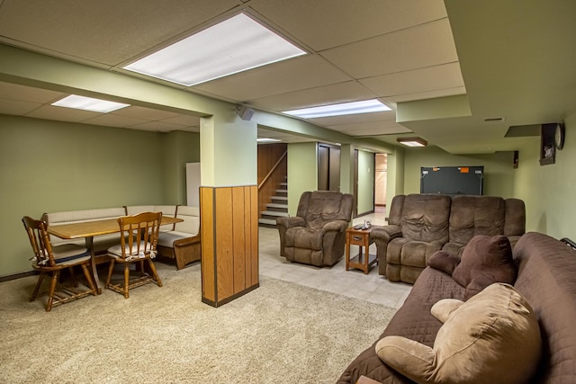 5148 S Newland Ave, Chicago, IL 60638 - carpeted living room featuring a drop ceiling, stairway, and a wainscoted wall