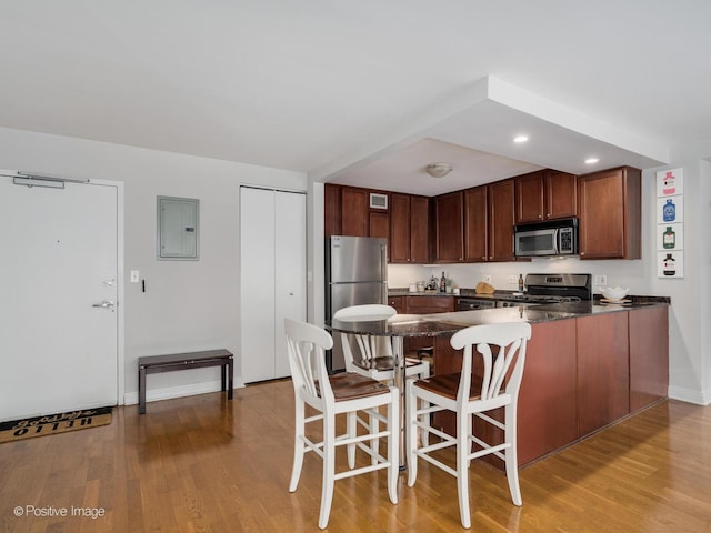 2300 N Commonwealth Ave Unit 2L, Chicago, IL 60614 - kitchen with appliances with stainless steel finishes, electric panel, dark countertops, a peninsula, and light wood-style flooring