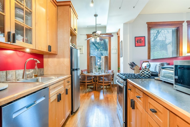 3711 N Pine Grove Ave Unit 2Nw, Chicago, IL 60613 - kitchen featuring appliances with stainless steel finishes, a sink, light wood finished floors, a ceiling fan, and light countertops
