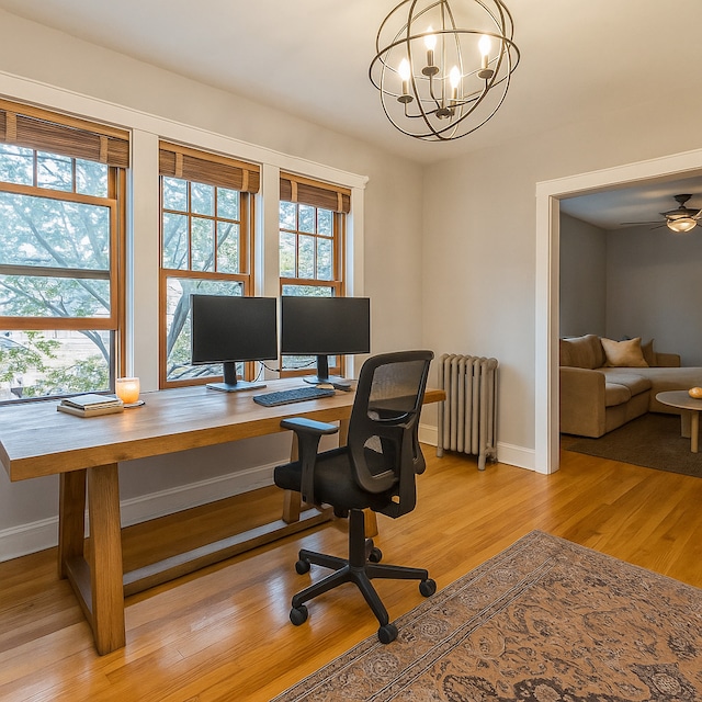 2250 N Dayton St Unit 3, Chicago, IL 60614 - office space featuring radiator, light wood finished floors, baseboards, and a chandelier