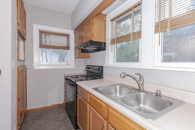 217 W Moulton St, Pontiac, IL 61764 - kitchen featuring electric range, under cabinet range hood, light countertops, and plenty of natural light