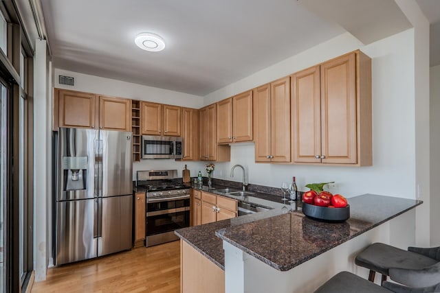 233 E 13th St Unit 2001, Chicago, IL 60605 - kitchen with appliances with stainless steel finishes, a sink, dark stone counters, a peninsula, and light wood-style flooring