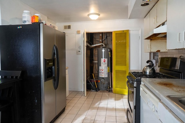 347 Manitowac St, Park Forest, IL 60466 - kitchen featuring stainless steel appliances, water heater, light tile patterned floors, under cabinet range hood, and white cabinets