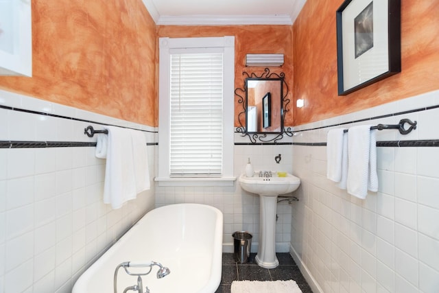 1663 W Farwell Ave, Chicago, IL 60626 - full bath featuring tile walls, a freestanding tub, ornamental molding, and wainscoting