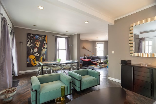 1663 W Farwell Ave, Chicago, IL 60626 - living room with dark wood finished floors, baseboards, recessed lighting, and ornamental molding