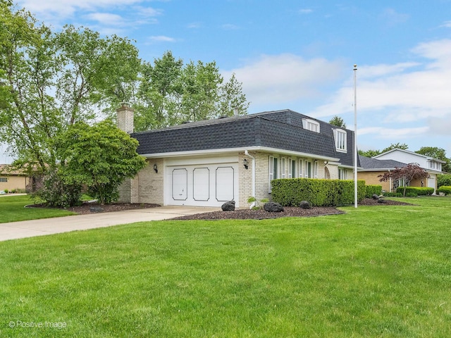 7514 Nantucket Dr, Darien, IL 60561 - view of front of house with mansard roof, roof with shingles, brick siding, a front lawn, and a chimney