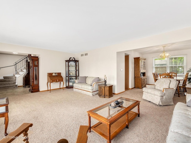 7514 Nantucket Dr, Darien, IL 60561 - living room with light colored carpet, stairs, baseboards, and a chandelier