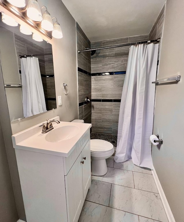 8920 S Jeffery Blvd, Chicago, IL 60617 - bathroom featuring marble look tiles, vanity, toilet, and a tile shower