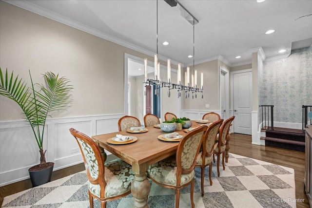 2426 W Warner Ave, Chicago, IL 60618 - dining room with wood finished floors, recessed lighting, crown molding, wainscoting, and a chandelier