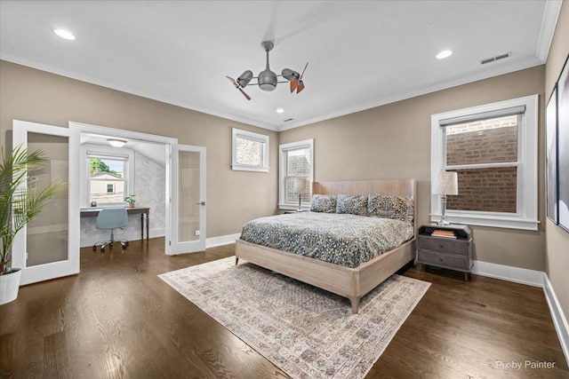 2426 W Warner Ave, Chicago, IL 60618 - bedroom with french doors, ornamental molding, baseboards, dark wood-type flooring, and recessed lighting